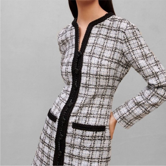 New Maje Tweed Effect Dress Blue Black Plaid Button Front Mini Size 40/L - Picture 3 of 16